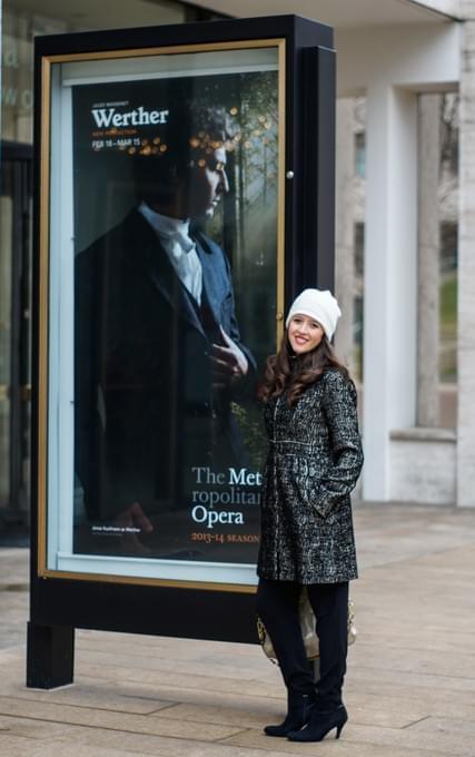 Lisette Oropesa standing in front of the Metropolitan Opera before Werther