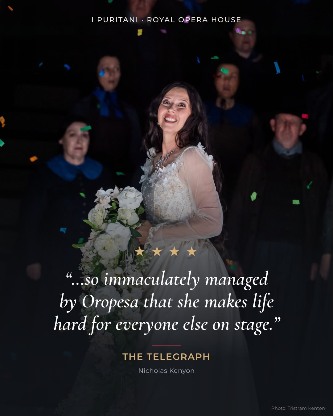 The Telegraph four-star review quote card for Lisette Oropesa as Elvira